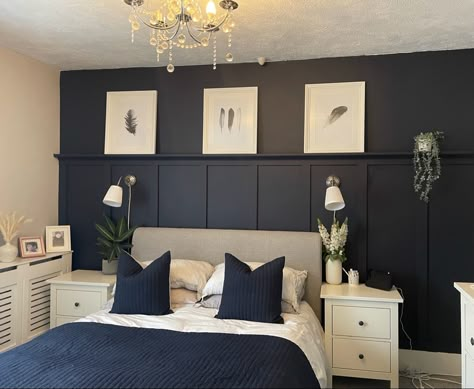 Bedroom Navy Panelling, Navy Half Wall Panelling, Navy Bedroom Panelling Wall, Dark Blue Wall Panelling, Bedroom Panelling Ideas Accent Wall, Bedroom Panelling Dark, Navy Bedroom Feature Wall, Navy Wood Panelling Bedroom, Bedroom Blue Panelling