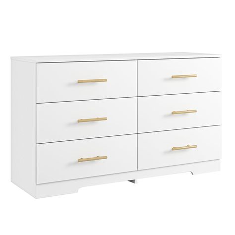 PRICES MAY VARY. 【Minimalist & Modern】This white dresser completely interprets the minimalist style with its modern appearance and compact construction. Meanwhile, featuring a classic solid color scheme, and with gold metal handles, the wood dresser is definitely a versatile and timeless choice for home lovers to decorate their homes. 【Ample Storage Space】Dresser overall dimension: 47.24”(W) x 15.75”(D) x 27.95”(H). Each deep drawer of this white and gold dresser has ample private storage space Furniture For Room Bedrooms, Dresser And Vanity In Bedroom, Cute Bedroom Ideas For Small Rooms Dressers, White Dresser And Nightstand Set, Cool Decor For Room, Modern White And Gold Bedroom, White And Gold Chest Of Drawers, Dresser Inspo Bedroom, Navy And Gold Dorm Room