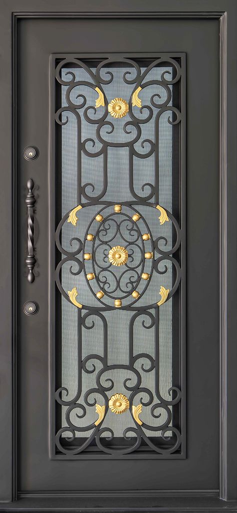 Model 146 door from Valeanto. Our gorgeous wrought iron designs are built to last while enhancing your entryways with beautiful artwork. Single Iron Door, Main Gate Ideas, Wrought Iron Designs, Wrought Iron Gate Designs, Classic House Interior Design, Wrought Iron Front Door, House Front Door Design, Gate Wall Design, Gate Designs Modern