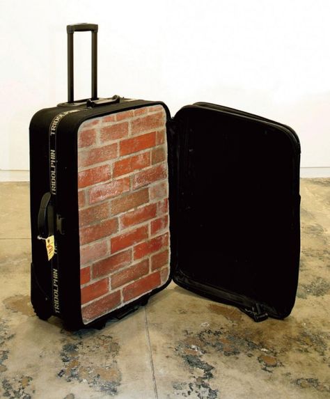 Yoan Capote Nostalgia, 2004-2013 / Suitcase, bricks and cement / 85 x 54 x 35 cm  It is a piece that embodies in a poetic manner the situation of traveling and immigration Digital Museum, Visual Poetry, Sculpture Installation, Land Art, Conceptual Art, 3d Art, Installation Art, Sculpture Art, Surrealism