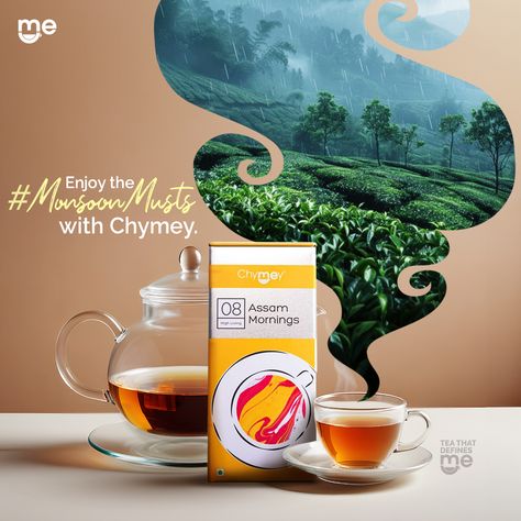 Welcome the monsoon with Chymey's comforting brew. Experience tranquility in its purest form, as raindrops harmonize with your perfect cup. Visit our website to shop today! - Link in Bio #Chymey #ChymeyTeas #TeaThatDefinesMe #MonsoonMusts #TeaLover #TeaTime #AssamMornings #Monsoon #Rain Tea Time Poster, Tea Social Media Design, Tea Advertising Design, Tea Creative Ads, Tea Social Media Post, Red Label Tea, Product Creative Ads, Tea Social Media, Tea Advertisement