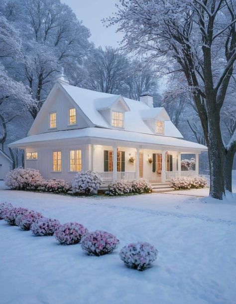 White House Countryside, Cozy Winter Home Exterior, House Exterior Ideas, Mini Homes, Winter Cottages, Flip House, House Pictures, Cottage Exterior, White Windows