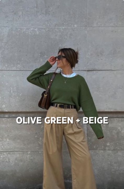 Olive Green Combination Outfit, Olive Green Aesthetic Outfit, Beige Jeans Outfit Winter, Beige And Green Outfit, Green Outfit Inspo Aesthetic, Olive Green Outfit Ideas, Beige Jeans Outfit, Olive Green Outfit, Cream Outfit