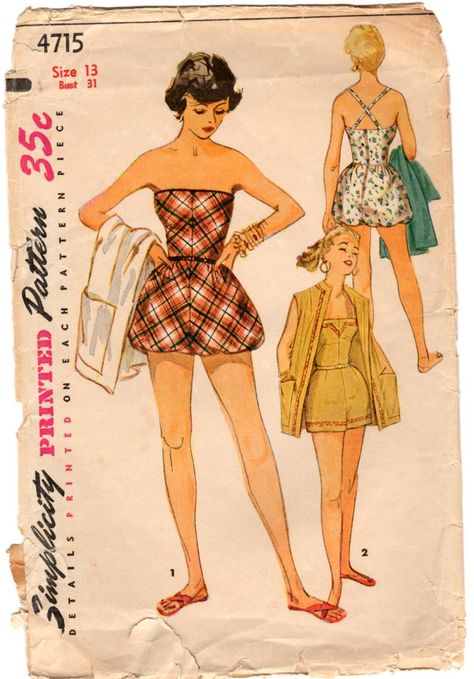 1950s Summer Fashion -Simplicity 4715 Strapless Playsuit Romper Bubblesuit Criss Cross Straps Coverup Beach Coat Sewing Pattern Junior Bust 31" #1950s #summer #summerfashion #playsuit #pattern #sewing #vintagestyle Strapless Playsuit, 1950s Sewing Patterns, Coat Pattern Sewing, Sleeveless Coat, Vintage Swimwear, Couture Mode, Couture Vintage, Bubble Romper, Playsuit Romper