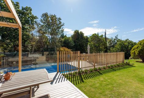 Pool Fencing Landscaping, Timber Battens, Swimming Pool Landscaping, Timber Fencing, Pool Landscape Design, Front Courtyard, Small Pool Design, Backyard Pool Landscaping, Pool Fence