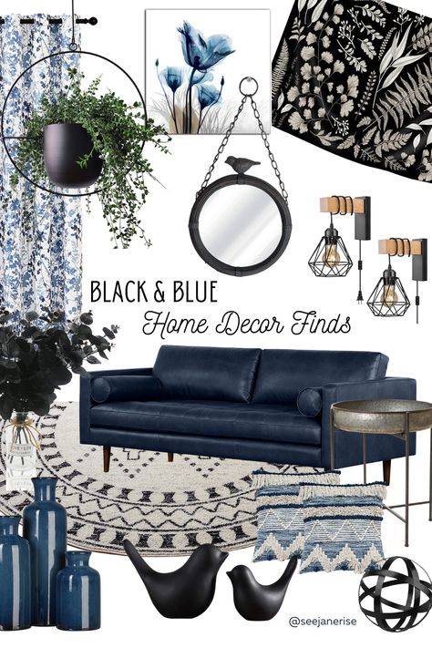 Black White Grey And Blue Home Decor, Black White And Blue Home Decor, Blue Black Decor, Navy Black And Grey Living Room, Black And White Room With Blue Accents, Accent Chairs For Navy Blue Couch, Navy Blue Black And Silver Living Room, Black Blue Living Room Ideas, Black And White With Blue Accents