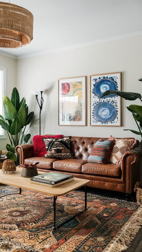 Boho living room with a leather couch Colorful Living Room With Brown Couch, Boho Leather Couch, Brown Leather Living Room, Boho Living Room Leather Couch, Styling Leather Couch, Artsy Living Room, Brown Leather Couch Boho, Living Room Leather Couch, Brown Leather Couch Living Room Decor