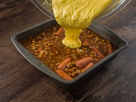 Beanie Weenie Casserole, Cocktail Weenies Recipe, Cornbread Hotdogs, Corn Dog Casserole, Hot Dogs And Beans, Hot Dog Casserole, Baked Bean Casserole, Chili Dog Casserole, Cocktail Weenies