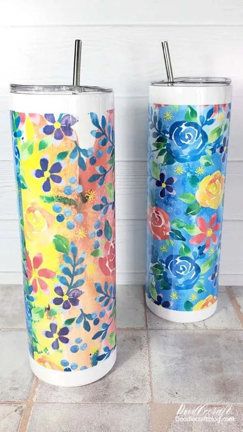 Watercolor Florals Sublimation Tumbler DIY! Sublimation tumblers are my favorite! They are easy to make and personalize. Sublimation tumblers make great gifts for every occasion! Learn how to make a watercolor florals sublimation 30 ounce tumbler in just a few minutes! Sublimating Tumblers, Color Changing Sublimation Tumbler, Tie Dye Epoxy Tumbler, Nature Sublimation Tumbler, Diy Sublimation, Epson Ecotank Printer, Watercolor Tumbler, Sublimation Crafts, Upcycled Projects