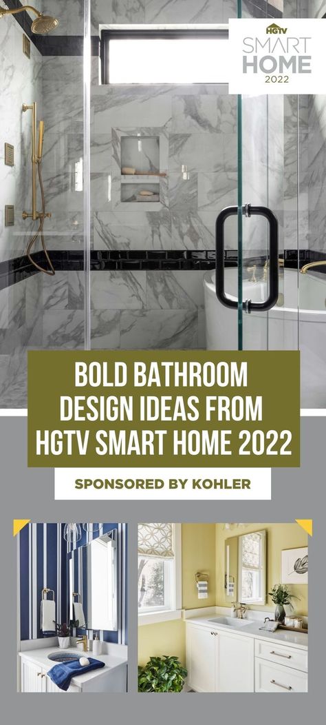 One word for the main bath at HGTV Smart Home 2022? ✨ Drama ✨ Copy this bold bathroom look by incorporating glam gold fixtures, high-gloss black paint and sink-to-ceiling tile into your design. 🤩 Sponsored by Kohler. Hgtv Smart Home 2022, Closet Pictures, Bold Bathroom, Kohler Bathroom, Tiny Living Space, New House Bathroom, Small Bathroom Renovation, Home Building Tips, Bathroom Closet