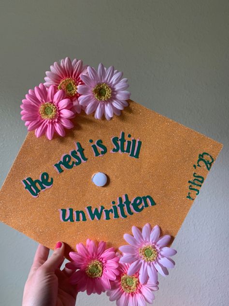 Unwritten Graduation Cap, Noah Kahan Grad Cap Ideas, Unwritten Grad Cap, Senior Hat Ideas Grad Cap, Graduation Cap Ideas Simple, Highschool Musical Graduation Cap, Feminist Grad Cap, Easy Graduation Cap Designs, Orange Grad Cap Ideas