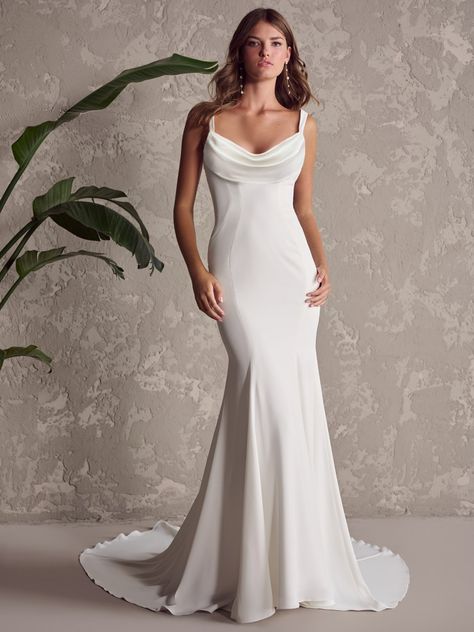 Napa Marie is a Grecian-inspired, crepe cowl neck wedding dress with a sexy plunging V-back. Shop Maggie Sottero's dresses today! #cowl sexy #bridal #simple Cowl Neck Wedding Dress, Neckline Wedding Dress, Short Engagement, Neck Wedding Dress, Maggie Sottero Wedding Dresses, Designer Wedding Gowns, Ashley Graham, Maggie Sottero, Cowl Neckline