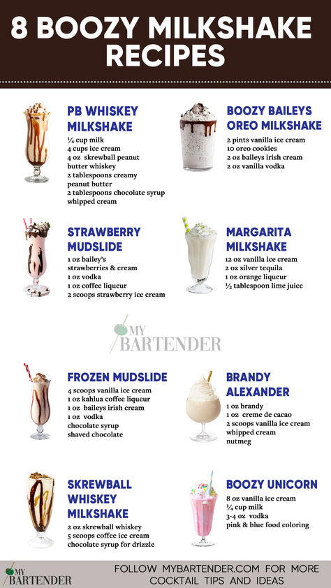 8 Boozy Milkshake Recipes Boozy Milkshake Recipes, Bourbon Chocolate, Bartender Drinks Recipes, Alcoholic Treats, Boozy Milkshake, Bartender Drinks, Cocktail Drinks Alcoholic, Milkshake Recipe, Mixed Drinks Alcohol