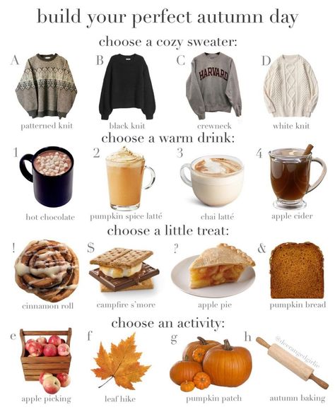 🍂✨ Build Your Perfect Autumn Day ✨🍂 What will you choose to make your dreamiest fall day? 🍁 Every choice adds a little more hygge to the season! Share your picks with us below! 👇 Hygge Aesthetic, Campfire S'mores, Chocolate Apples, Fun Fall Activities, Autumn Days, Chai Latte, Cozy Autumn, Fall Day, Pumpkin Chocolate