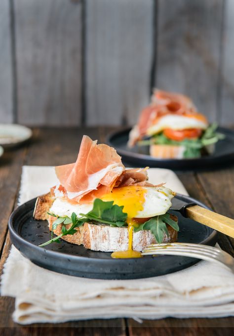 Prosciutto and Eggs Open-Faced Breakfast Sandwich Egg Sandwich Recipe, Egg Sandwich Breakfast, Avocado Recipe, Breakfast Photography, Arugula Pesto, Open Faced Sandwich, Egg Sandwich, Tastemade Recipes, My Diary