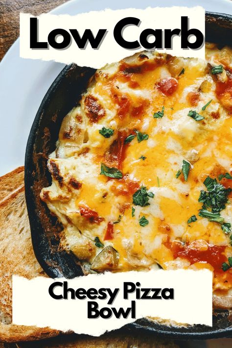 a skillet filled with delicious melted cheese, sausage, and mushroom. A low-carb pizza in a bowl recipe. Keto Pizza Bowl, Pizza In A Bowl, Pizza Bowls, Italian Sausage Pizza, Mozzerella Cheese, Sausage Mushroom, Pizza Bowl, Keto Sausage, Sausage Pizza