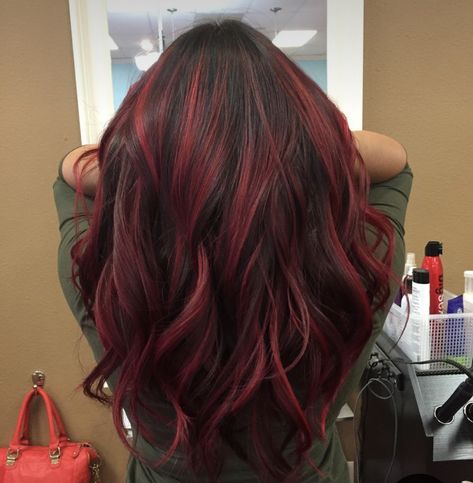 Best Hair Color For Brown Hair, Cherry Wine Hair Color Balayage, Red And Blonde In Brown Hair, Red Hair Bottom Half, Front Red Hair Streaks, Red Hilights Hair, Color To Dye Hair Ideas, Red Hair And Black Highlights, Pikaboo Highlights