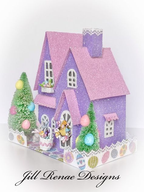 Easter Dollhouse, Easter Houses, Putz Village, Easter Gingerbread House, Easter Village, Easter House, Easter Dolls, Cardboard Houses, Putz House