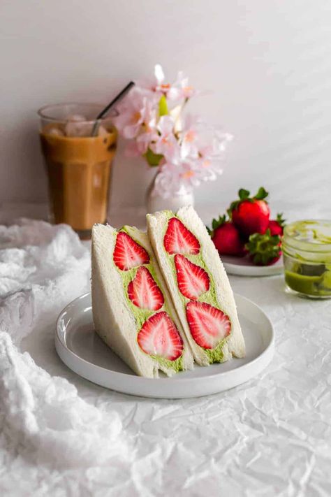 Matcha Strawberry Fruit Sando | Sift & Simmer Strawberry Matcha Dessert, Fruit Sandwich Aesthetic, Matcha Dessert Aesthetic, Strawberry Matcha Aesthetic, Fruit Sando Aesthetic, Japanese Dessert Aesthetic, Japanese Sando, Sando Sandwich, Strawberry Sando