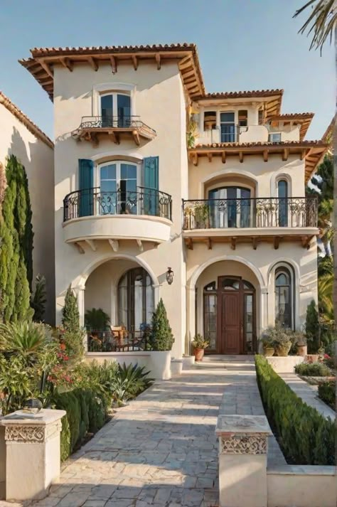 Mediterranean-style house with a beautiful garden and a balcony. - Design Ideas AI Medditeranean House, Italian Style Home Exterior, Mediterranean Home Exterior, Italian Homes Exterior, Tuscan Villa Exterior, Meditterean House, Italian House Exterior, Mediterranean House Exterior, Houses With Balconies