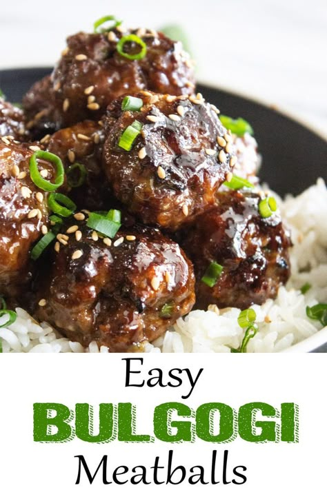 bulgogi meatballs Korean Bulgogi Sauce Recipe, Bulgogi Meatballs, Easy Bulgogi, Easy Meals For 2, Bulgogi Sauce, Korean Bulgogi, Ground Beef Meatballs, Bulgogi Recipe, Meals For 2