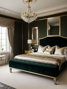 Emerald Green Rooms, Green Curtains Bedroom, Velvet Curtains Living Room, Jewel Tone Bedroom, Emerald Green Bedrooms, Green Headboard, Green Bedroom Decor, Yellow Bedroom Decor, Luxury Sofa Living Room