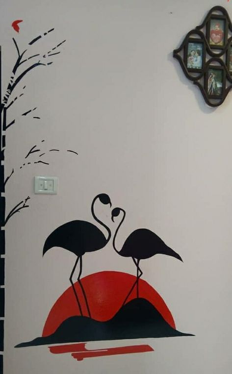 Swan Wall Sketch, Wall Drawing Ideas, Wall Decor Living Room Ideas, Color Wheel Art Projects, Art Wall Decor Living Room, Simple Wall Paintings, Wall Decorations For Living Room, Black Painted Walls, Ideas For Fun