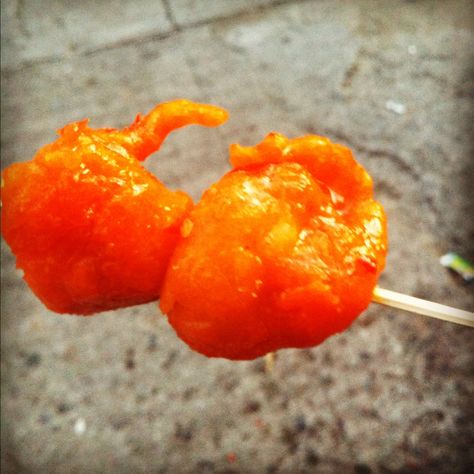 KWEK KWEK - a famous Filipino street food made with quail eggs, coated with orange batter. Deep fried and skewered on a stick. Kwek Kwek Aesthetic, Kwek Kwek, Filipino Street Food, Quail Eggs, Pinoy Food, On A Stick, Filipino Recipes, A Stick, Chow Chow