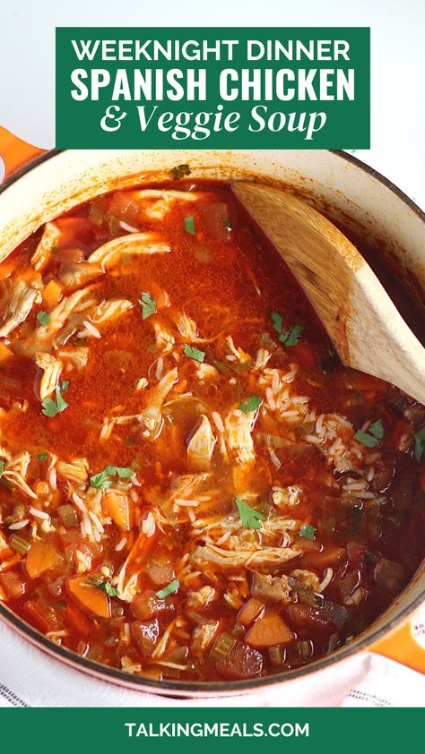 This Spanish Chicken Soup Recipe is very easy for a weeknight dinner and full of warm delicious flavors. It starts with chicken thighs that are seasoned with salt, pepper, and smoked paprika for a subtle smokiness and warming spiciness. Then carrots, onions, celery, garlic, tomato paste and stock are added. Finally the chicken is shredded and added back with rice to the soup. The combination of chicken, vegetables, and rice creates a hearty and savory taste that’s satisfying and comforting. Spicy Chicken Tomato Soup, Chicken Celery Carrots Dinners, Chicken Thigh Soup, Spanish Chicken Soup, Tomato Chicken Soup, Turmeric Chicken Soup, Chicken And Carrots, Chicken Vegetable Soup Recipes, Spanish Chicken