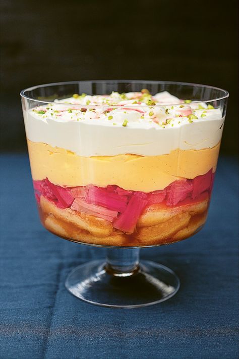 I have published many recipes for trifle and made even more, and this is the one I return to most, even though it’s the first time I’ve actually written it down. This simple, joyous pile-up of sponge, rhubarb, custard and cream is my favourite of favourites, and it’s time I shared it with you. Don’t get too nervous about the length of the recipe: just remember that a trifle has a few component parts; even if none of those parts is difficult, the whole is necessarily process-heavy. I know that m Mary Berry Trifle, Custard Trifle, Rhubarb Juice, Rhubarb Syrup, Berry Trifle, Homemade Custard, Trifle Dish, Trifle Bowl, Rhubarb And Custard