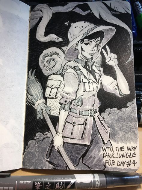 ArtStation - Inktober #4 Jungle Explorer Witch, Artemis, John Polidora Doodles Draw, Jungle Explorer, Jungle Drawing, Jake Parker, Inktober Challenge, Sketchbook Project, Ink Artwork, Concept Art Character, Ink Drawing Illustration