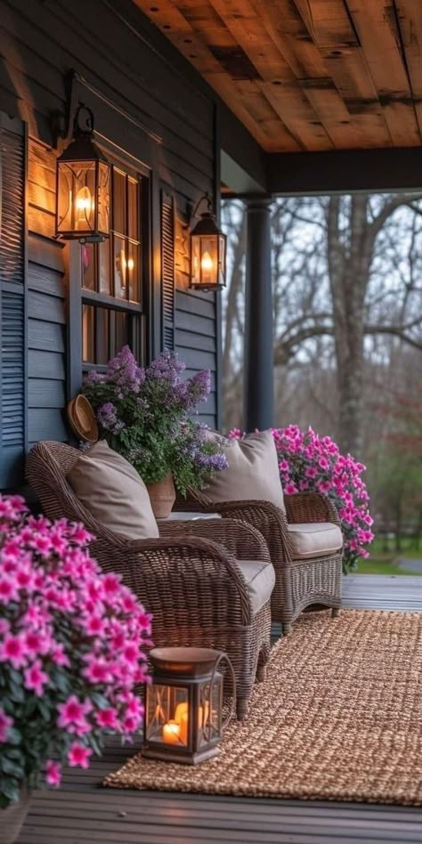 Porch Lantern Decor Ideas, Rustic Front Porch Ideas, Porch Lanterns Decor, Porch Lantern, Rustic Front Porch, French Country Front Porch, Spring Porch Decor, Cottage Porch, Porch Sitting