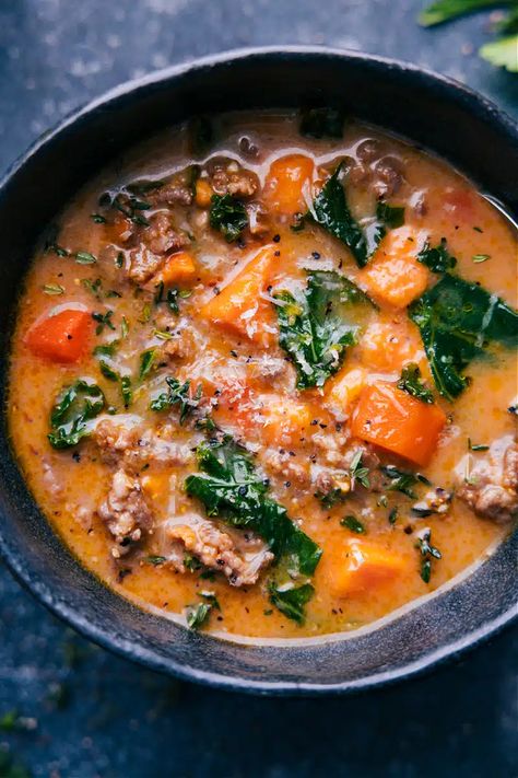 Zuppa Toscana Healthy, Gf Df Soup, Healthy Zuppa Toscana, Stovetop Recipes, Sweet Potato Burrito, Carrots Sweet, Chicken Curry Soup, Sausage Potato Soup, Lunch Meals