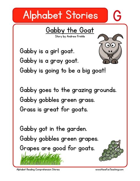 Gabby the Goat Alphabet Stories, Kindergarten Reading Comprehension, Worksheet Alphabet, Remedial Reading, Phonics Reading Passages, Phonics Readers, Reading Comprehension Kindergarten, The Letter G, English Stories For Kids