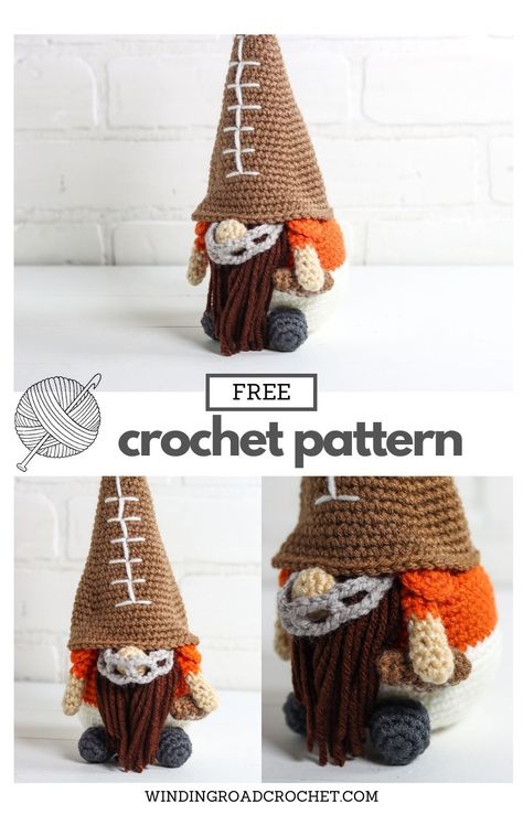 A crochet football gnome makes a great gift for a sports fan. Free crochet pattern for a cute sports gnome with helpful videos. Crochet Football Gnome Pattern, Crochet Football Gnome, Football Gnomes Diy, Crochet Football Pattern Free, Free Crochet Gnome Pattern, Sports Crochet, Crocheted Gnomes, Crochet Gnomes Pattern Free, Football Gnome