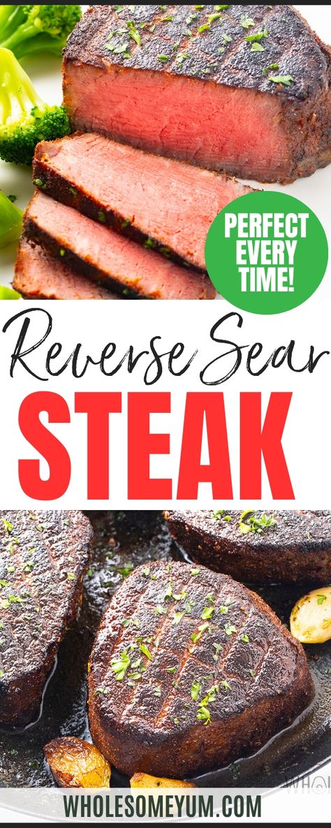 Let me show you how to reverse sear a steak perfectly! My reverse sear steak with garlic butter has a juicy, tender center and crispy crust. Ny Strip Steak Recipes, Steak With Garlic Butter, Sear A Steak, Sear Steak, Steak In The Oven, Reverse Sear Steak, Steak Times, Sirloin Steak Recipes, Strip Steak Recipe