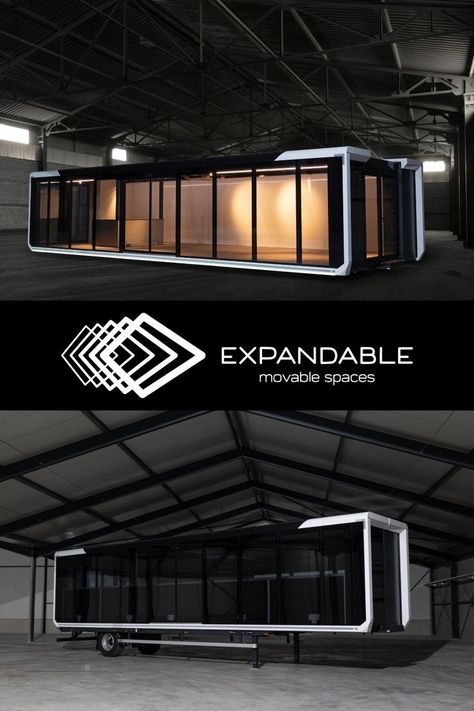 An Expandable exhibition trailer showcasing unique objects and products, ready to be set up anywhere, anytime. Mobile Exhibition, Unique Objects, Industrial Architecture, Glass Box, Container House Design, Glass Boxes, Modular Homes, Set Up, Black Box