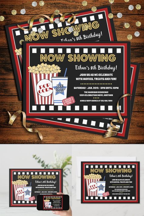 Add your own details to these fun popcorn and a movie party invitations! Movie Theater Party, Movie Party Invitations, Movie Night Birthday, Movie Night Invitations, Night Birthday Party, Movie Invitation, Movie Night Birthday Party, Birthday Invitations Diy, Movie Birthday