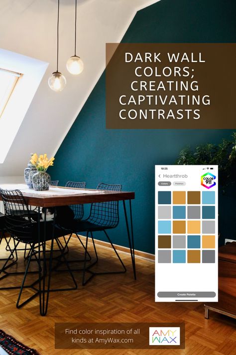 Using dark wall colors and what it does. #interiordesign #darkwalls #colortrend #darkcolors #darkpaint #contrasting #designinspiration #homerefresh #homeremodel #remodelinspo #colorinspiration #captivatingcontrasts #darkwallinspo #accentwall Dark Teal Office, Dark Teal Walls, Dark Wall Colors, Teal Kitchen Walls, Harmonize Beauty, Teal Office, Victorian House Colors, Wall Color Combination, Teal Kitchen