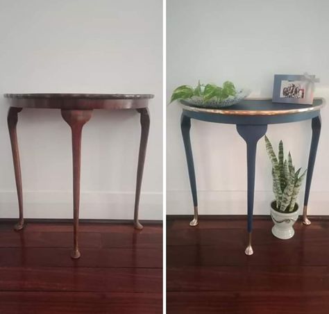 Half moon hallway table upcycle. Matte blue with metallic gold accents Hallway Table Makeover, Upcycled Hall Table, Upcycled Console Table, Painted Half Moon Table, 1bhk Layout, Half Moon Table Decor, Half Moon Table Makeover, Table Upcycle, Half Moon Table