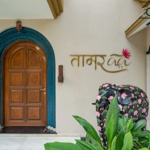 THINK OF IT! - Garden Restaurant | Studio Lagom - The Architects Diary Jaipur Inspired Interior, Names For Homes Indian, Home Names Ideas Indian, Exterior Wall Art, Name Plates For Home, Main Entrance Door Design, Name Plate Design, Jewellery Studio, Main Entrance Door