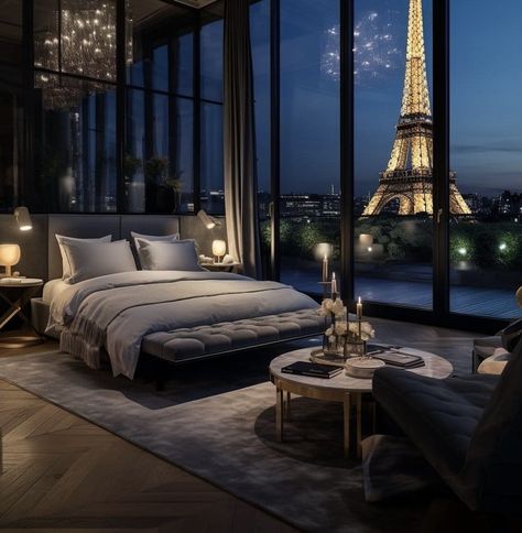 Paris Penthouse Luxury, Bedroom With A View, Hotel Inspired Bedroom, Boutique Hotel Bedroom, Bedroom Modern Luxury, Penthouse Bedroom, Penthouse Luxury, Hotel Bedroom Design, Paris Bedroom