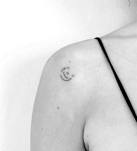 The meaning of a moon tattoo varies depending on the type of moon. In general, the moon is a feminine emblem that represents eternity, time, and nature’s dark side. In astrology, it’s also a sign of the soul. A crescent moon, on the other hand, has special significance since it symbolizes a period of change. Waxing moons represent expansion and innovation, while waning moons represent release and introspection. Moon And Star Tattoos For Women Shoulder, Minimal Moon And Star Tattoo, Mini Moon Tattoos, Moon And Three Stars Tattoo, Small Tattoos Moon And Stars, Tiny Moon And Stars Tattoo, Fine Line Moon Tattoo Ideas, Moon And 3 Stars Tattoo, Small Moon And Stars Tattoos For Women