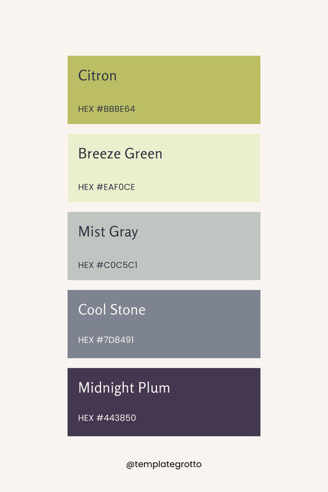 A harmonious color palette featuring five hues: #BBBE64 (a muted olive green), #EAF0CE (a soft, pale greenish-yellow), #C0C5C1 (a cool, light gray), #7D8491 (a muted teal), and #443850 (a deep, rich purple). This palette blends earthy greens and grays with a touch of moody elegance, perfect for creating a calming and sophisticated atmosphere. Color Palette Light Gray, Green Gray Color Palette, Green And Gray Color Palette, Grey And Green Color Palette, Gray Color Palette, Green Color Combinations, Serenity Blue, Fresh Color Palette, Palette Ideas