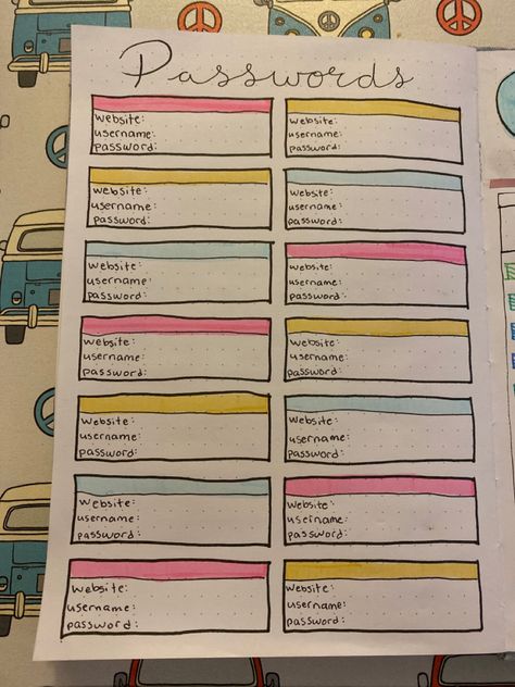 password list bullet journal #bulletjournal #bujo #bujoinspiration Bujo Password Page, First Page Journal Ideas 2023, Journal Password Page, Bullet Journal Password Page, When Did I Last List, Aesthetic Password Ideas, Bujo First Page, Bujo First Page Ideas, Passcode Ideas