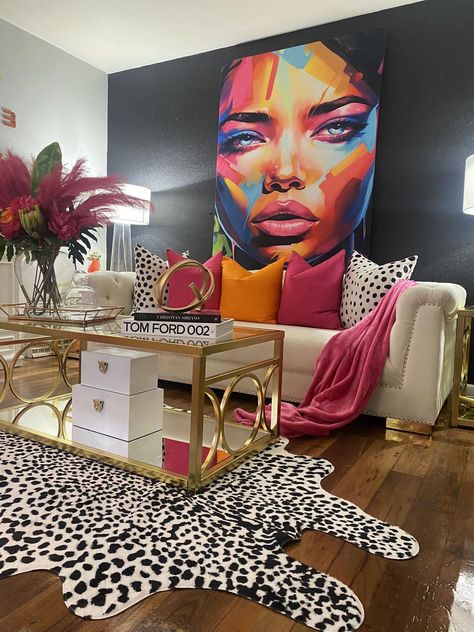 BLACK WOMEN WHO LOVE INDOOR LIVING SPACES | My summer look featuring my curtain wall art #smallspacebigtaste Apartment Inspiration Cozy Colorful, Townhouse Home Decor, Neutral Living Room With Pink Accents, Jewel Toned Apartment, Orange Pink Living Room, Apartment Motivation, Neon Lounge, Chic Modern Living Room, Boho Glam Living Room