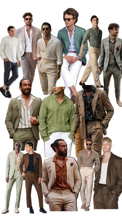 Island formal wedding guest attire for men with earth tones meant for a beach wedding Wedding Guest Attire For Men, Earth Tone Men Outfit, Beach Formal Men, Wedding Guest Outfit Men, Male Wedding Guest Outfit, Beach Wedding Guest Attire, Mens Beach Wedding Attire, Wedding Guest Men, Formal Wedding Guest Attire