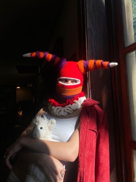 This crochet piece  is named”back to childhood” and is supposed to represent the playfulness of that time period Crochet Clown Balaclava, Horned Balaclava, Clown Balaclava, Bunny Balaclava, Balaclava Crochet, Ski Masks, Crochet Balaclava, Crochet Mask, Crochet Monsters