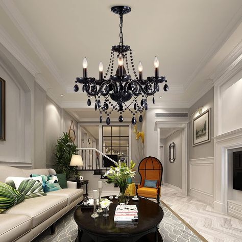 Add a chandelier above your bed, office, or dining room table! It adds a classy and vintage feel to any room! I love this look! Adjustable chain 19"D x 19"H Foyer House, Black Crystal Chandelier, Modern Rustic Living Room, Hampton House, Chandelier Black, Entryway Lighting, Chandelier Pendant, Traditional Chandelier, Curved Glass