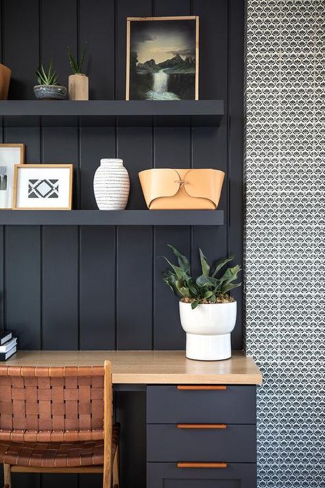 Shelves Above Desk, Butcher Block Desk, Blue Home Offices, Desk Nook, Office Guest Room, Rack Design, Built In Desk, Home Office Space, Office Room